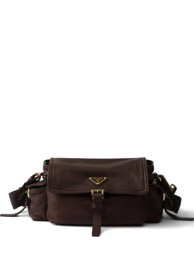 Prada Explore Medium Nappa Leather Shoulder Bag With Flap In Brown
