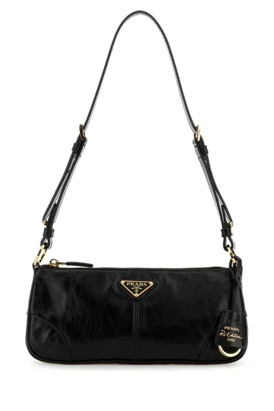 Prada Re-edition 2002 Medium Shiny Finish Leather Shoulder Bag In Black
