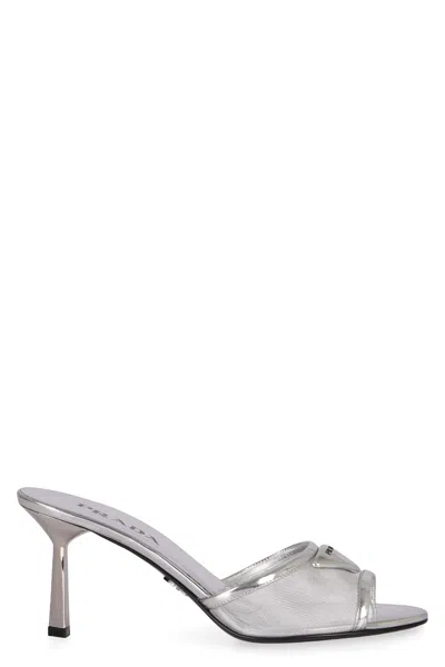 Prada Silver Mesh And Metallic Leather Mules In Gray