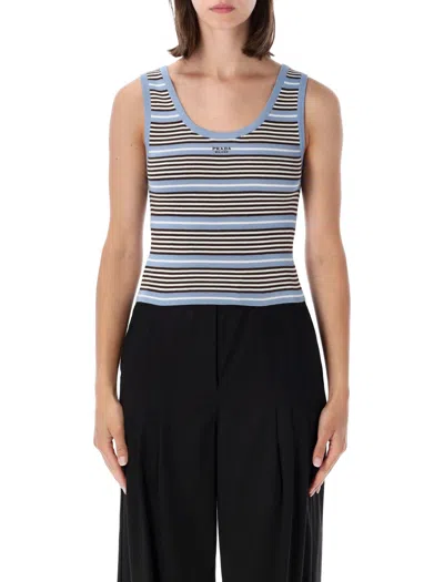 Prada Strip Stripe Knit Tank Top With Embroidered Logo In Blue