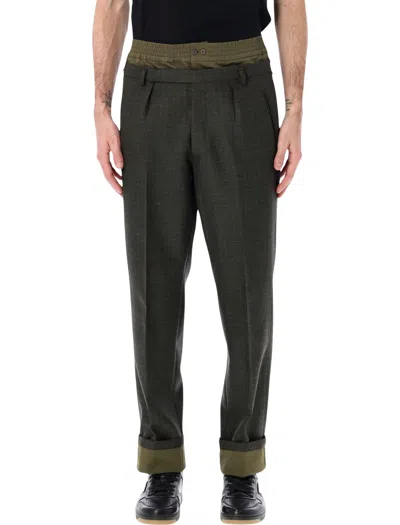 Prada Wool Trousers With Green Cotton Details In Gray