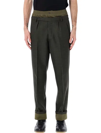 Prada Wool Trousers With Green Cotton Details In Multi