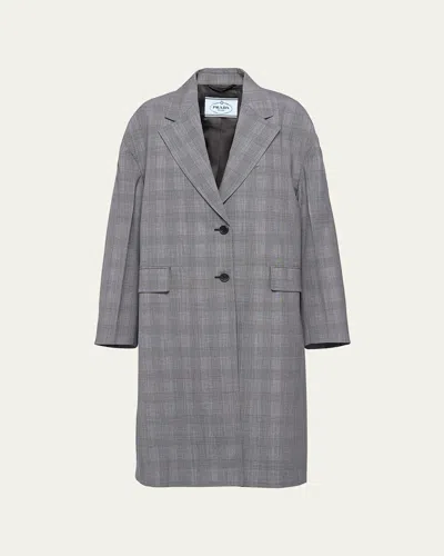 Prada Prince De Galles Plaid Wool Coat In Ardesia