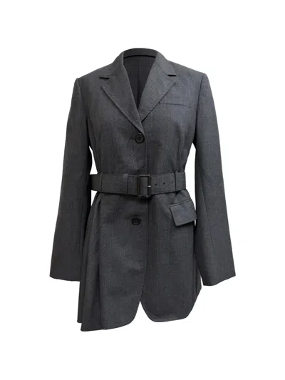 Pre-owned Prada Prince Of Wales Check Belted Blazer In Gray