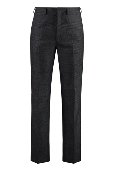 Prada Prince Of Wales Checkered Wool Trousers With Side And Welt Pockets In Grey