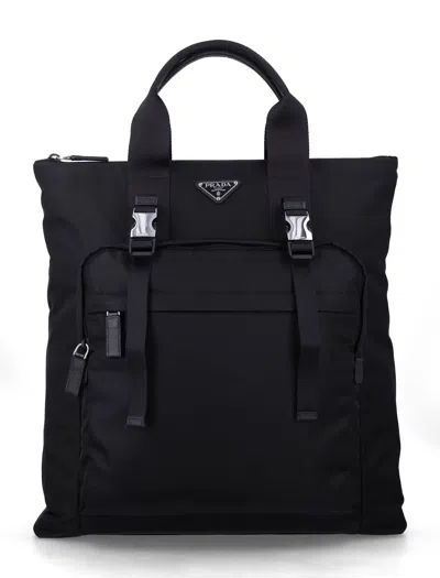 Prada Printada Re-nylon Tote Handbag With Saffiano Leather Trim And Zip Closure (42 X 38 X 10 Cm) In Nero