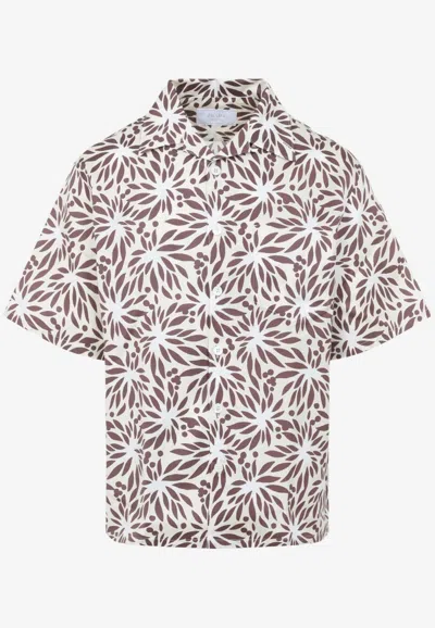 Prada Bowling Collar Cotton Silk Short Sleeve Shirt In Multi