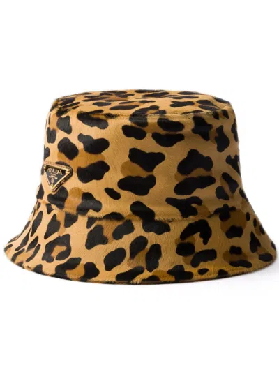 Prada Leopard Print Leather Bucket Hat In Animal Print