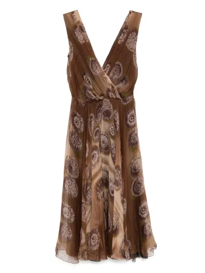 Pre-owned Prada Printed Chiffon Dress In Brown