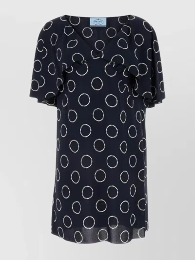 Prada Polka Dot V-neck Crepe Mini Dress In Navy