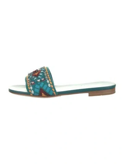 Pre-owned Prada Printed Crystal Embellishments Slides In Green