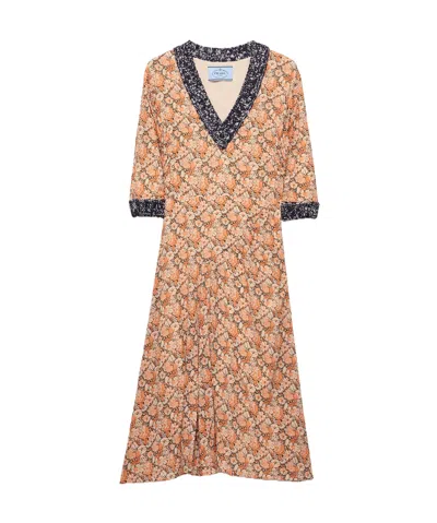Prada Printed Georgette Dress In Brown