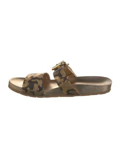 Pre-owned Prada Printed Glitter Accents Slides In Gold