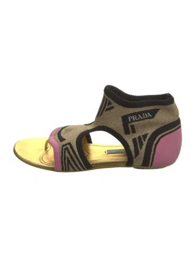 Pre-owned Prada Printed Grosgrain Trim Gladiator Sandals In Gold