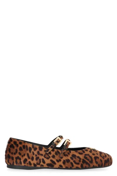 Prada Printed Leather Ballet Flats In Brown