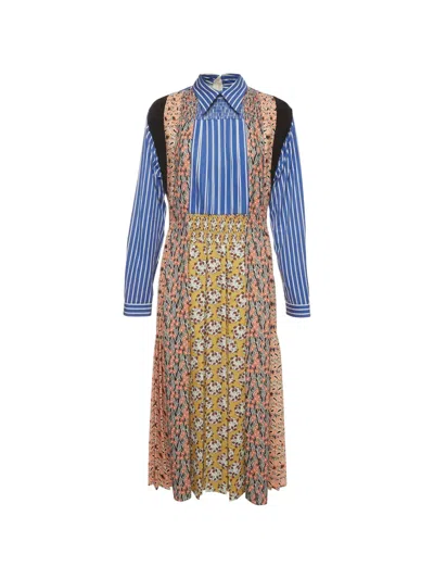 Pre-owned Prada Printed Long-sleeve Midi Dress In Blue