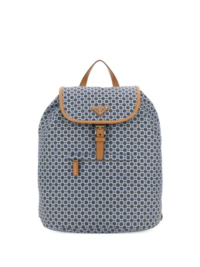Prada Printed-pattern Leather-trimmed Backpack In Blue