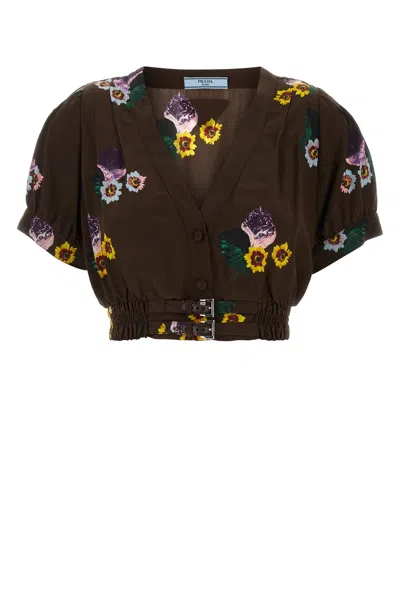 PRADA PRINTED POLY PONGEE CROP-TOP