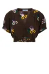 Prada Dark Brown Floral Print Crop Top In Cacao