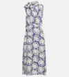 Prada Printed Pongee Midi Dress In Blu+naturale
