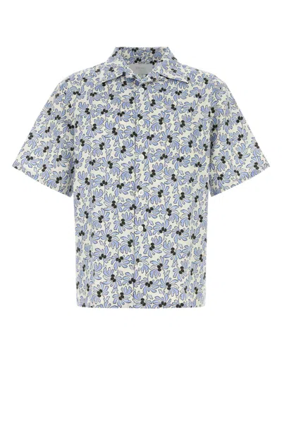 Prada Poplin Shirt Short Sleeves Floral Pattern In Blue