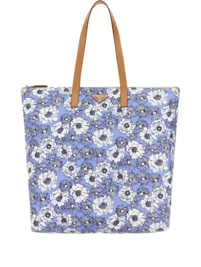 Prada Printed Re-nylon Tote Bag In Blue