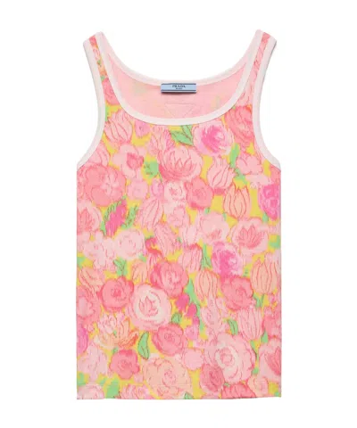 Prada Printed Ribbed Knit Cotton Tank Top In Pink