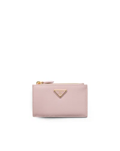 Prada Kartenetui Aus Bedrucktem Saffiano-leder In Pink