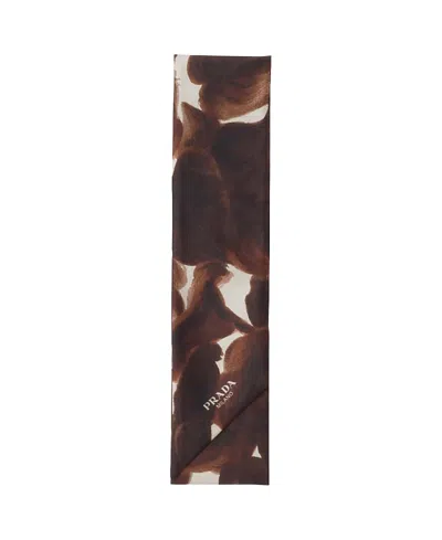 Prada Printed Silk Shantung Skinny Scarf In Brown