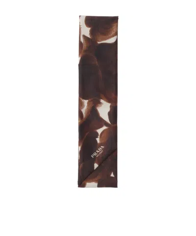 Prada Printed Silk Shantung Skinny Scarf In Dark Brown/white