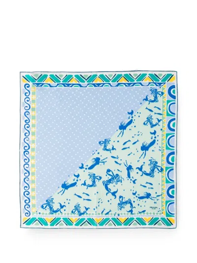 Prada Printed Silk Twill Scarf 55 In Blue