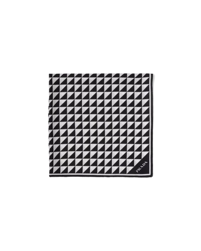 Prada Triangle Logo Silk Scarf In Navy Bianco