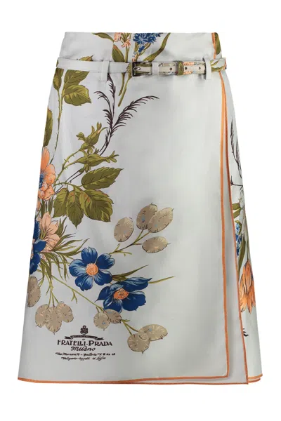 Prada Printed Silk Wrap Mini Skirt With Belted Waist In Green