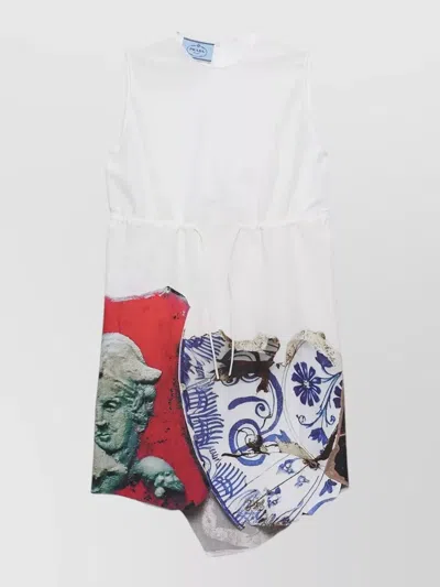 Prada Printed Sleeveless Asymmetric Mini Dress In White