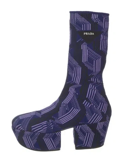 Pre-owned Prada Printed Sock Boots In Blue