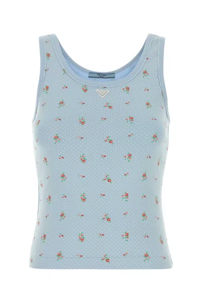 Prada Stretch Cotton Tank Scoop Neck Floral In Blue