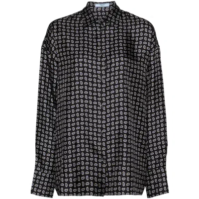 Prada Printed Twill Silk Shirt In Blue