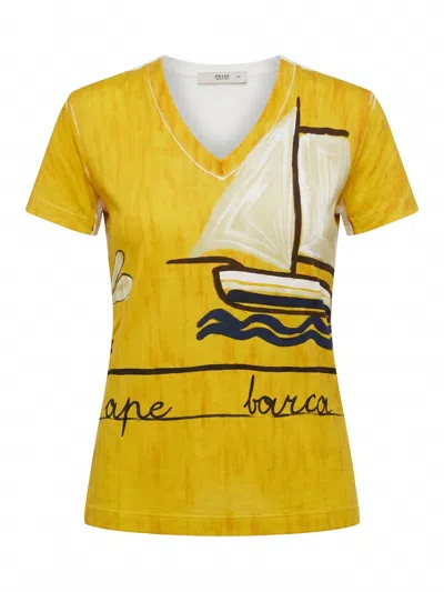 Prada Printed V Neck Tshirt In Yellow
