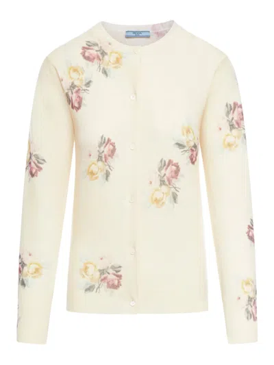 Prada Printed Wool Cardigan In Nude & Neutrals