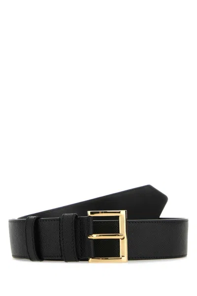 Prada Pristine 3.5 Cm Ovine Leather Belt With Golden Metal Hardware In Black