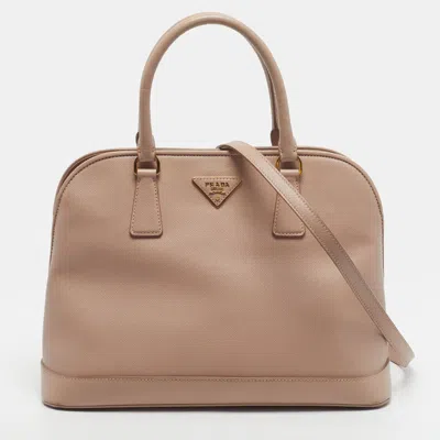 Pre-owned Prada Promenade Medium Beige Saffiano Lux Leather Satchel In Sand