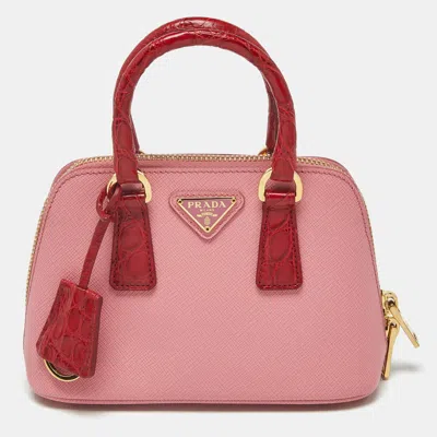 Pre-owned Prada Promenade Mini Pink/red Leather And Crocodile Satchel