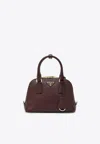 Prada Leather Handbag With Gold-tone Hardware And Top Handles In Burgundy