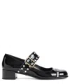 Prada Block Heel Round Toe Patent Finish Studded Detail In Black