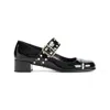 Prada Block Heel Round Toe Patent Finish Studded Detail In Black