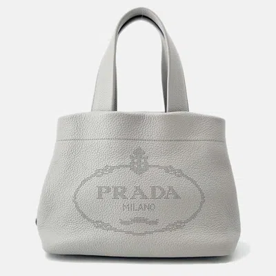Pre-owned Prada Punching Logo Tote Bag Gray Leather Size Small