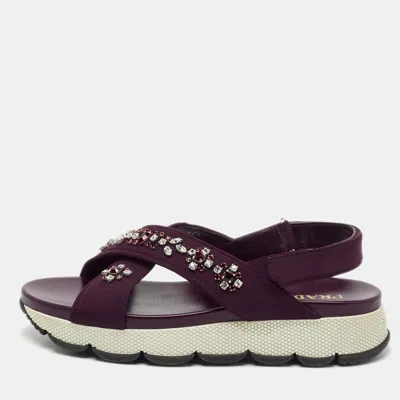 Pre-owned Prada Purple Fabric And Leather Crystals Cross Strap Flats Size 40.5