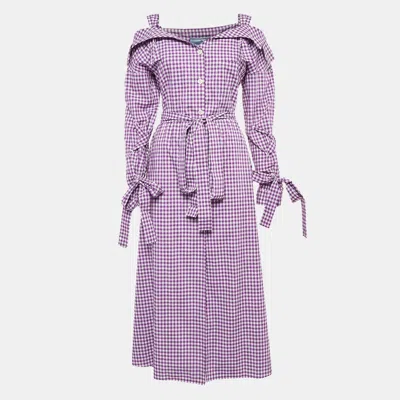 Pre-owned Prada Purple Gingham Cotton Bow Detail Belted Midi Dress M