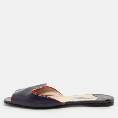 Pre-owned Prada Purple Saffiano Patent Leather Logo Flat Slides Size 35.5