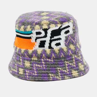 Pre-owned Prada Purple Shetland Chevron Logo Intarsia Knit Bucket Hat S